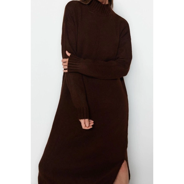 Fashion Oversize Casual Daily Single Plate Knitwear Stand Collar Long Sleeve Shift Midi Length Dress