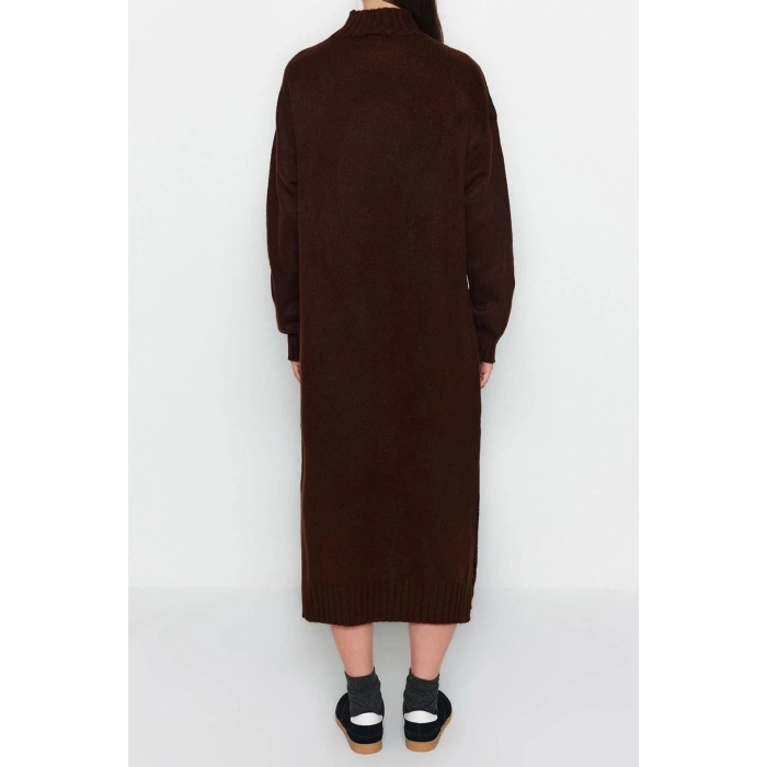 Fashion Oversize Casual Daily Single Plate Knitwear Stand Collar Long Sleeve Shift Midi Length Dress