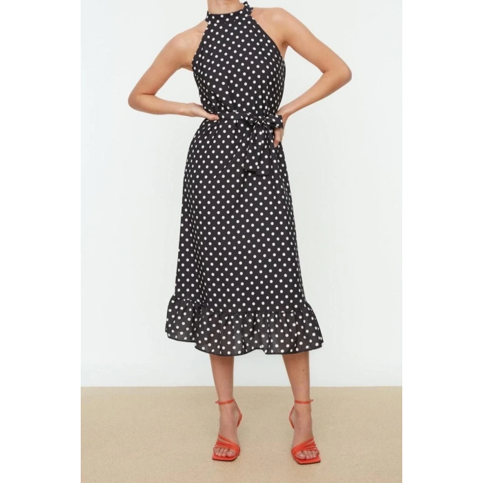 Moda Regular Day Night Moss Crepe Woven Halter Neck Sleeveless Sleeveless Frilled Midi Length Dress