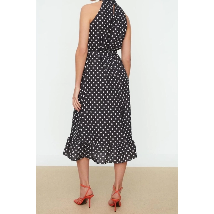 Moda Regular Day Night Moss Crepe Woven Halter Neck Sleeveless Sleeveless Frilled Midi Length Dress