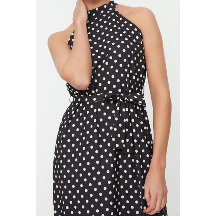 Moda Regular Day Night Moss Crepe Woven Halter Neck Sleeveless Sleeveless Frilled Midi Length Dress