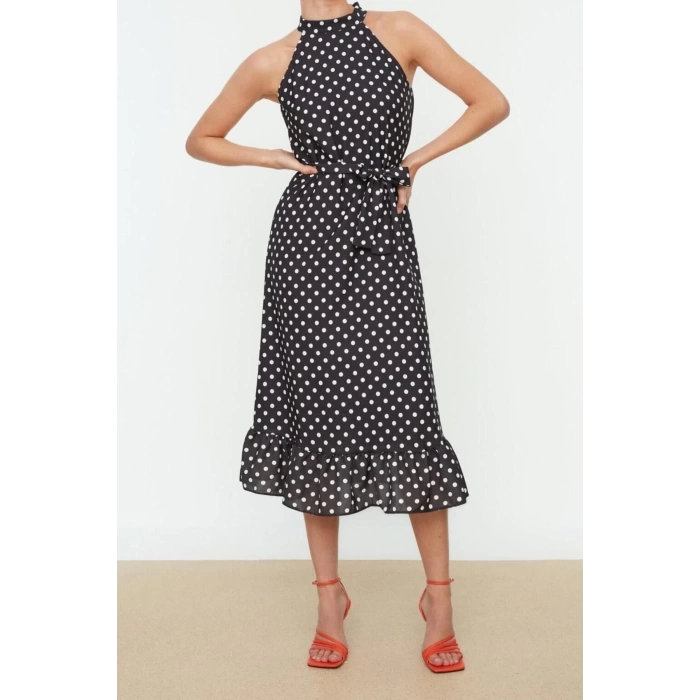 Moda Regular Day Night Moss Crepe Woven Halter Neck Sleeveless Sleeveless Frilled Midi Length Dress