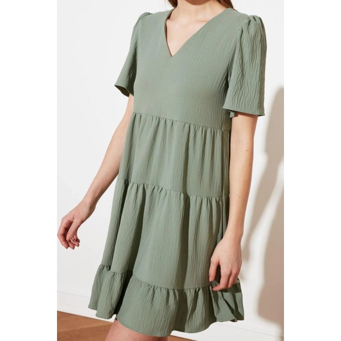 Moda Regular Casual Günlük Aerobin Dokuma V Yaka Kısa Kol Shift Mini Boy Elbise