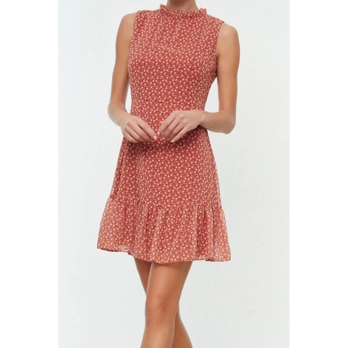 Fashion Regular Casual Daily Chiffon Woven Stand Collar Sleeveless Sleeve A-Line Mini Length Dress