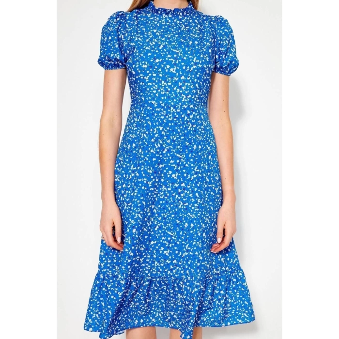 Moda Regular Casual Daily Moss Crepe Woven Stand Collar Short Sleeve A-Line Midi Length Dress