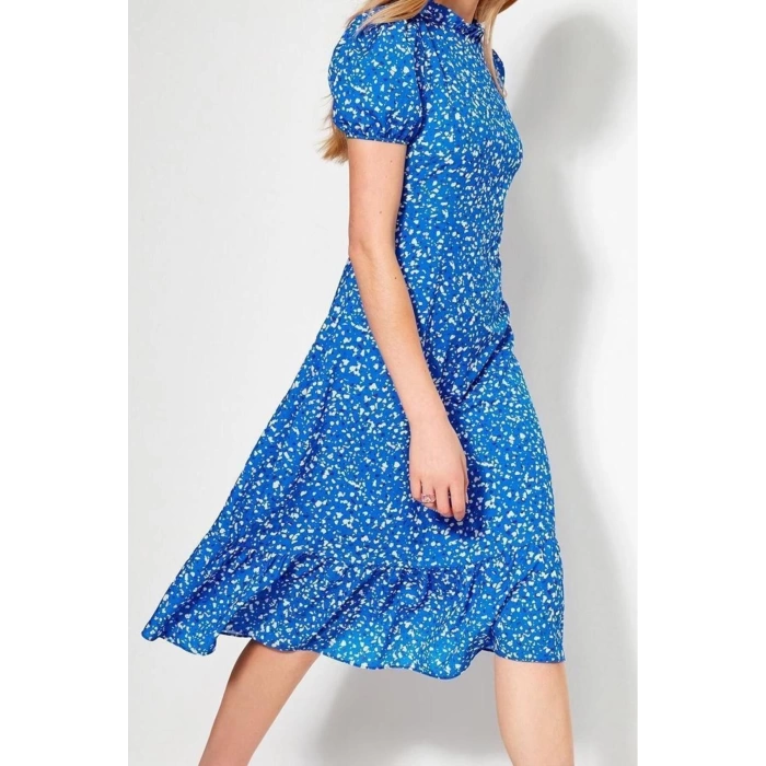 Moda Regular Casual Daily Moss Crepe Woven Stand Collar Short Sleeve A-Line Midi Length Dress
