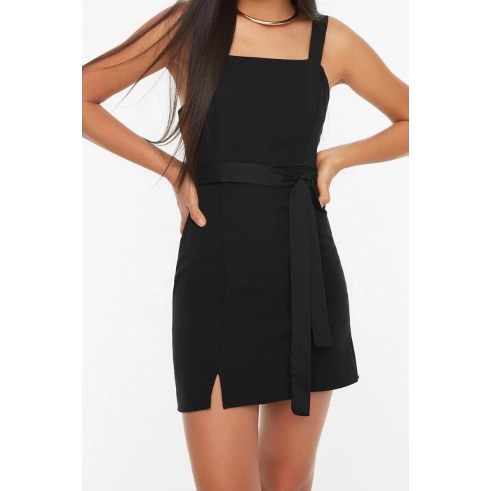 Moda Regular Business Finike Dokuma Kare Yaka Askılı Kol Bodycone Mini Boy Elbise