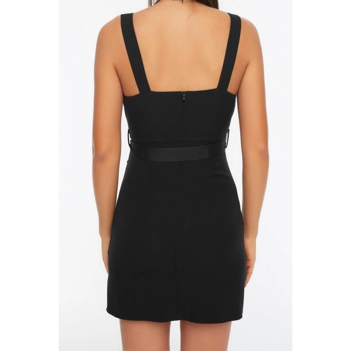 Moda Regular Business Finike Dokuma Kare Yaka Askılı Kol Bodycone Mini Boy Elbise