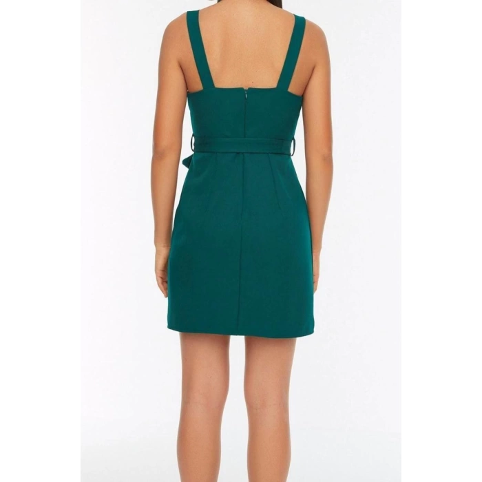 Moda Regular Business Finike Dokuma Kare Yaka Askılı Kol Bodycone Mini Boy Elbise