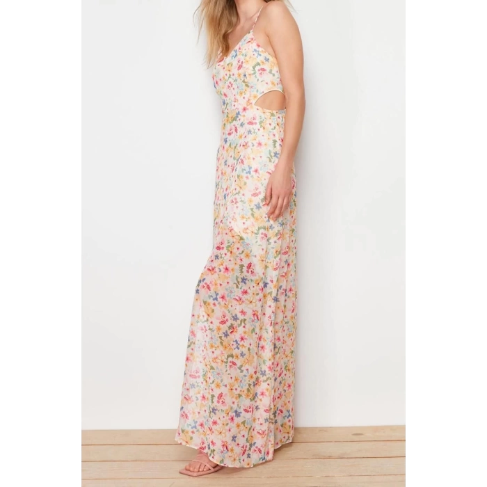 Fashion Regular Day Night Chiffon Woven V Neck Strap Sleeve A-Line Maxi Length Dress