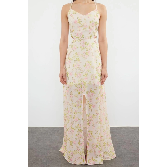 Fashion Regular Day Night Chiffon Woven V Neck Strap Sleeve A-Line Maxi Length Dress