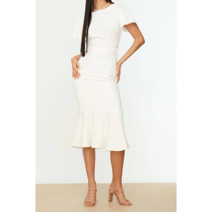 Moda Regular Day Night Finike Woven Crew Neck Short Sleeve Bodycon Midi Length Dress