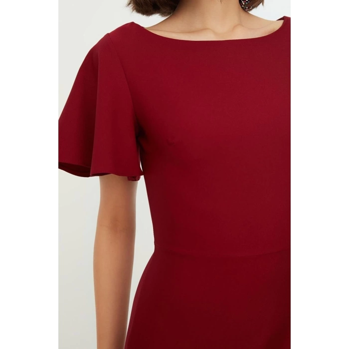 Moda Regular Day Night Finike Woven Crew Neck Short Sleeve Bodycon Midi Length Dress
