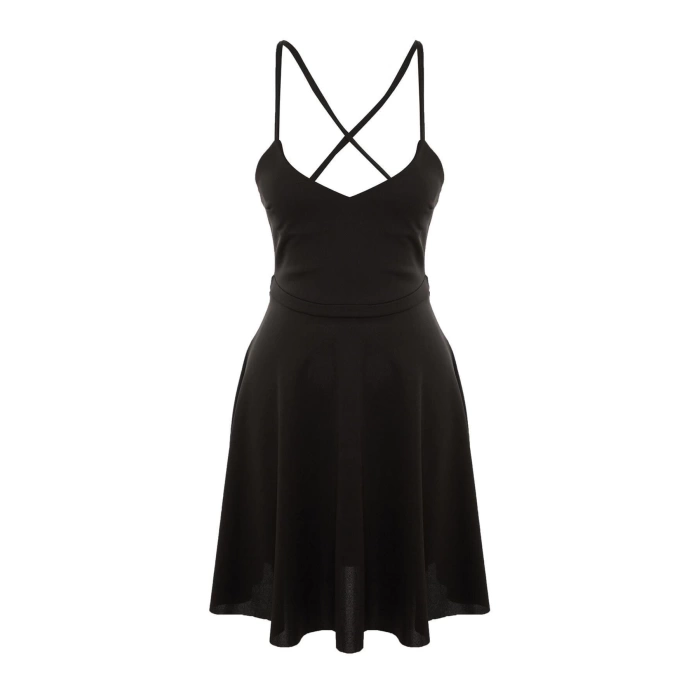 Fashion Regular Casual Daily Crepe Knitted V Neck Strappy Sleeve Skater Mini Length Dress