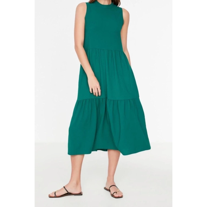 Fashion Regular Casual Daily Aerobin Woven Stand Collar Sleeveless Shift Midi Length Dress