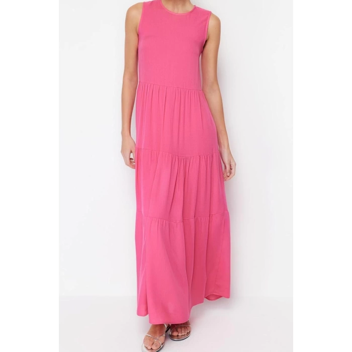 Fashion Regular Casual Daily Shally Woven Crew Neck Sleeveless Sleeve Shift Maxi Length Dress