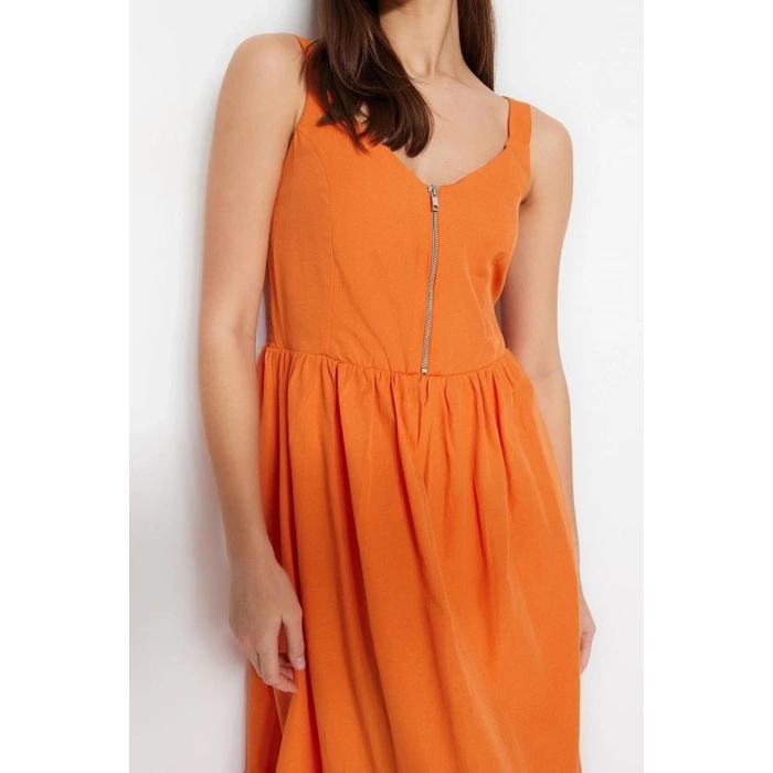 Fashion Regular Casual Daily Poplin Woven V Neck Strappy Sleeve Skater Midi Length Dress