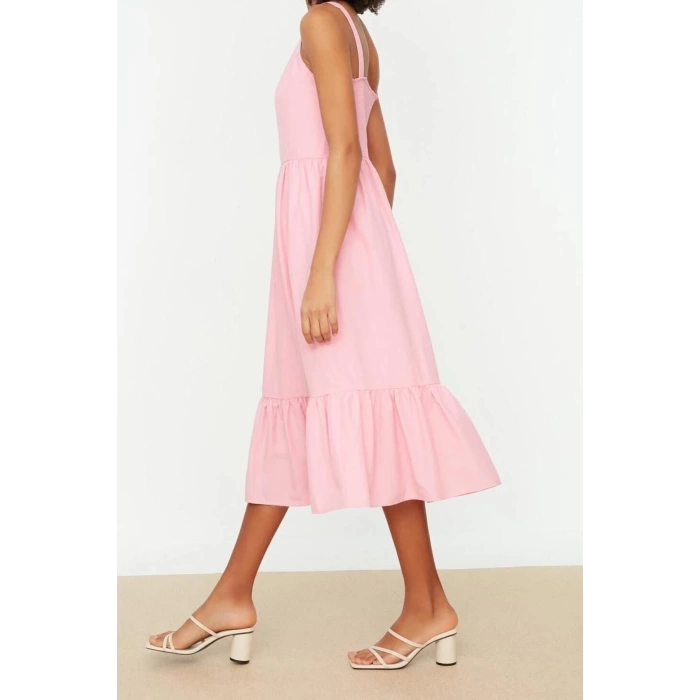Fashion Regular Casual Daily Poplin Woven V Neck Strappy Sleeve Skater Midi Length Dress