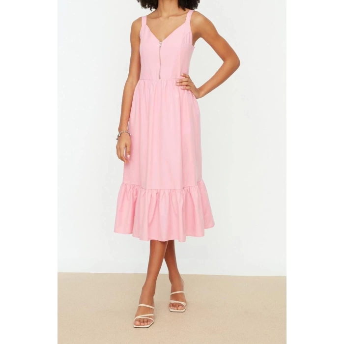 Fashion Regular Casual Daily Poplin Woven V Neck Strappy Sleeve Skater Midi Length Dress