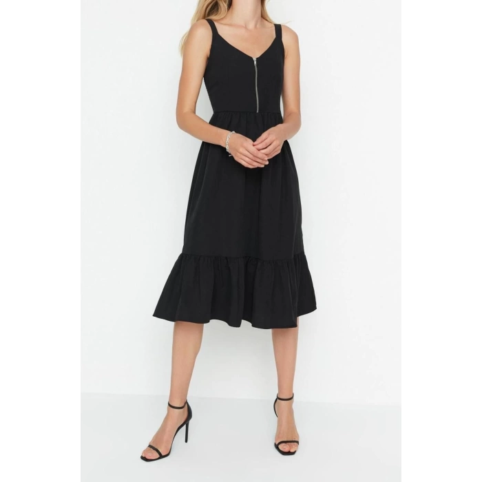 Fashion Regular Casual Daily Poplin Woven V Neck Strappy Sleeve Skater Midi Length Dress