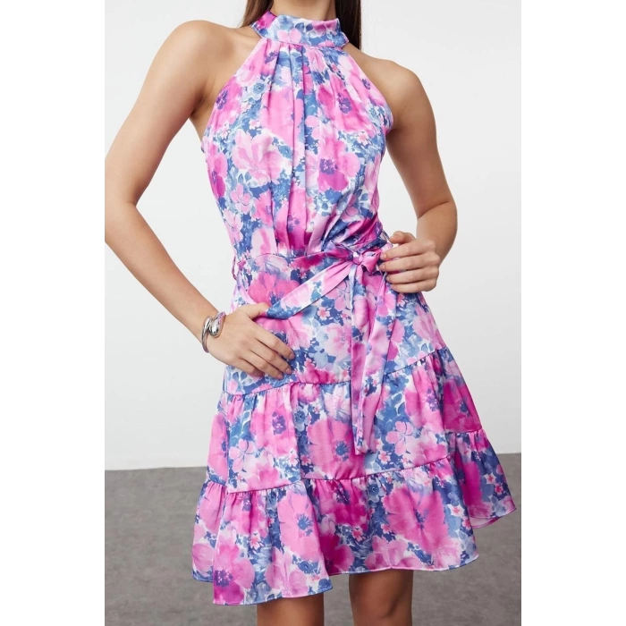 Fashion Regular Casual Daily Satin Woven Halter Neck Sleeveless Skater Mini Length Dress
