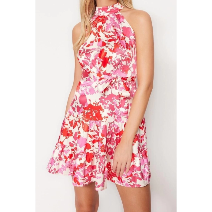 Fashion Regular Casual Daily Satin Woven Halter Neck Sleeveless Skater Mini Length Dress