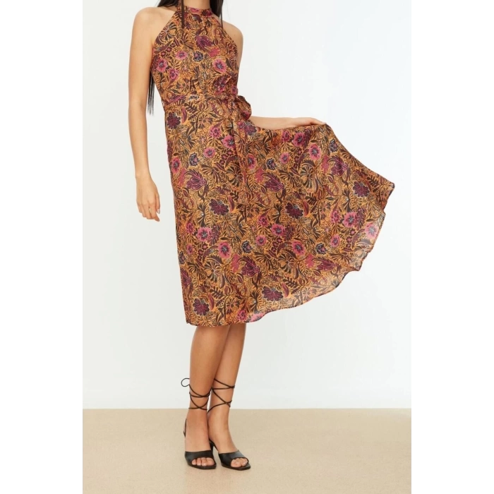 Fashion Regular Casual Daily Chiffon Woven Halter Neck Sleeveless Sleeve A-Line Midi Length Dress