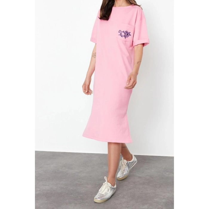 Fashion Comfortable Casual Daily 2 Yarn Non-raised Knitted Crew Neck Three Quarter Sleeve Shift Midi Length Dress
