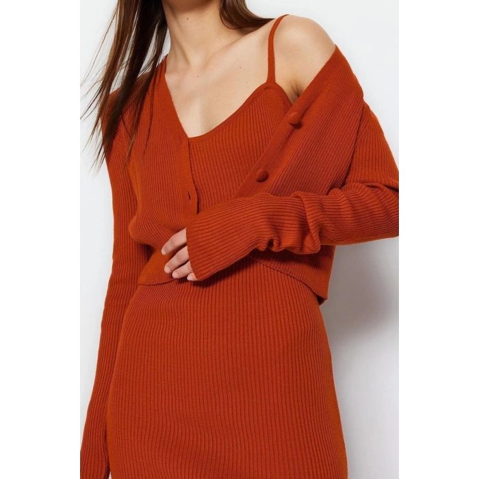 Fashion Slim Casual Daily Ribbed Knitwear V Neck Long Sleeve Bodycone Midi Length Dress