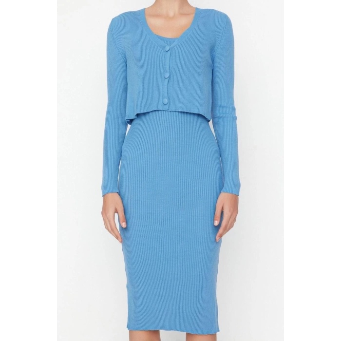 Fashion Slim Casual Daily Ribbed Knitwear V Neck Long Sleeve Bodycone Midi Length Dress
