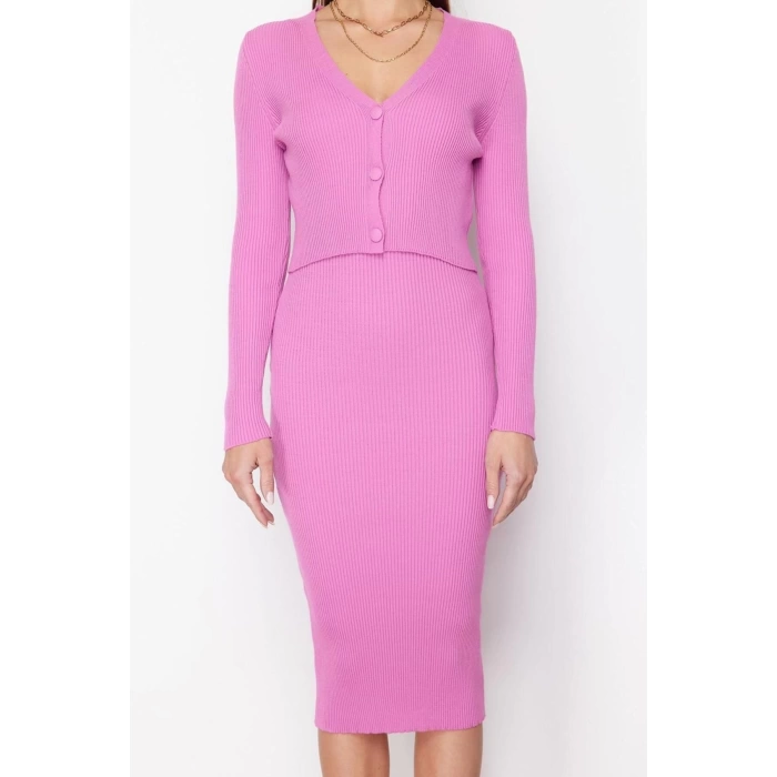Fashion Slim Casual Daily Ribbed Knitwear V Neck Long Sleeve Bodycone Midi Length Dress