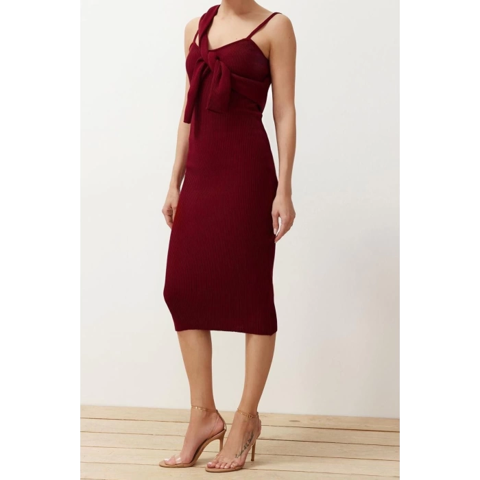 Fashion Slim Casual Daily Ribbed Knitwear V Neck Long Sleeve Bodycone Midi Length Dress