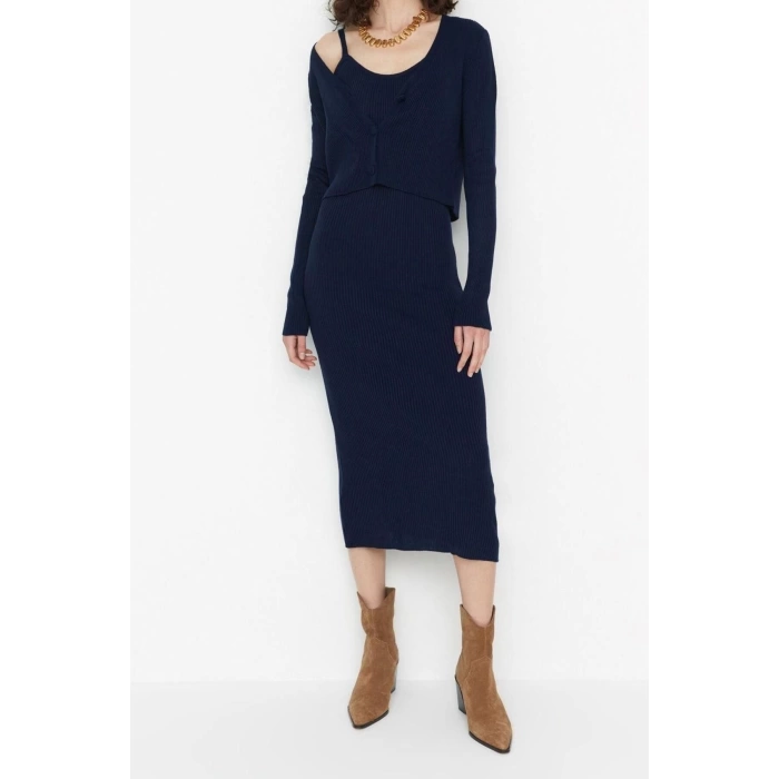 Fashion Slim Casual Daily Ribbed Knitwear V Neck Long Sleeve Bodycone Midi Length Dress