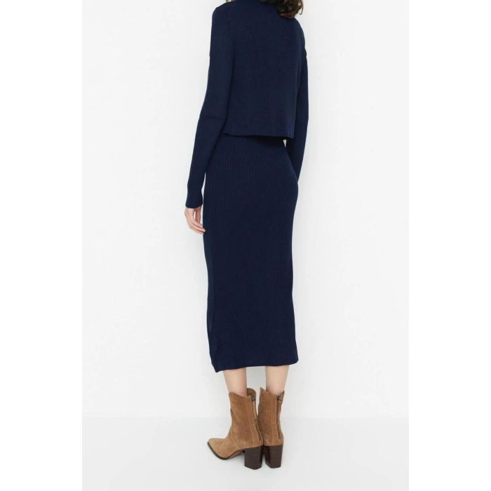 Fashion Slim Casual Daily Ribbed Knitwear V Neck Long Sleeve Bodycone Midi Length Dress