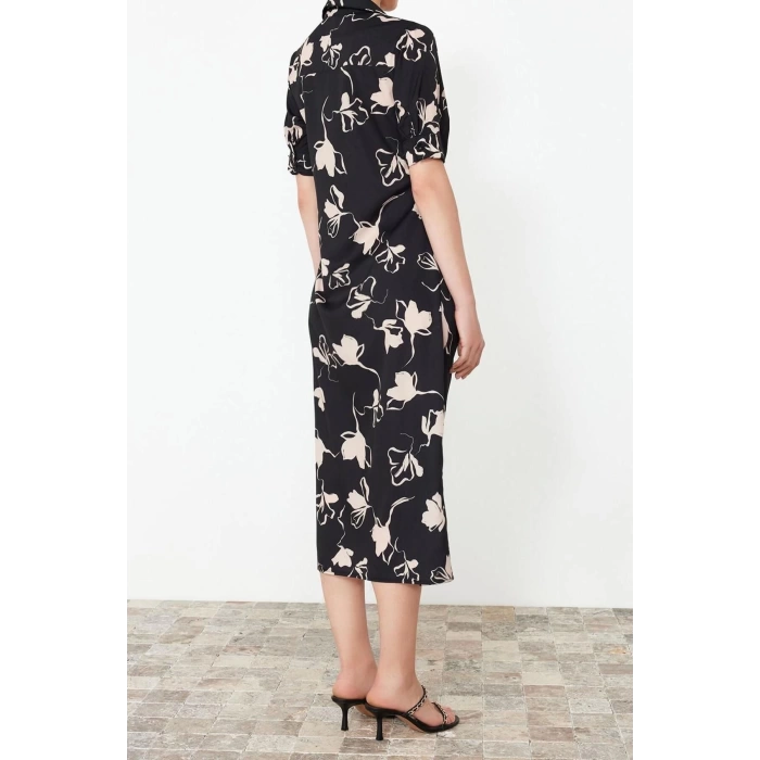Fashion Regular Day Night Satin Woven Shirt Collar Short Sleeve Shirt Dress Maxi Length Dress