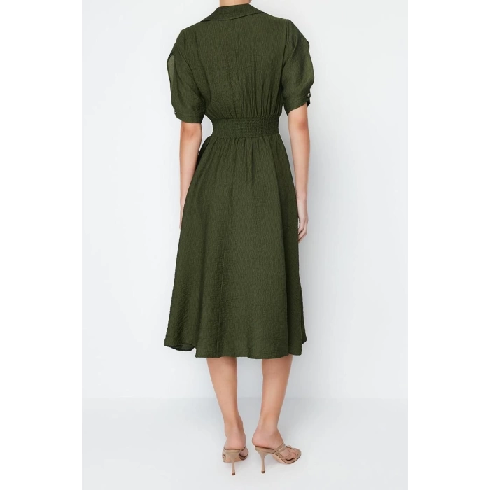 Fashion Regular Casual Daily Aerobin Woven Shirt Collar Short Sleeve Skater Midi Length Dress