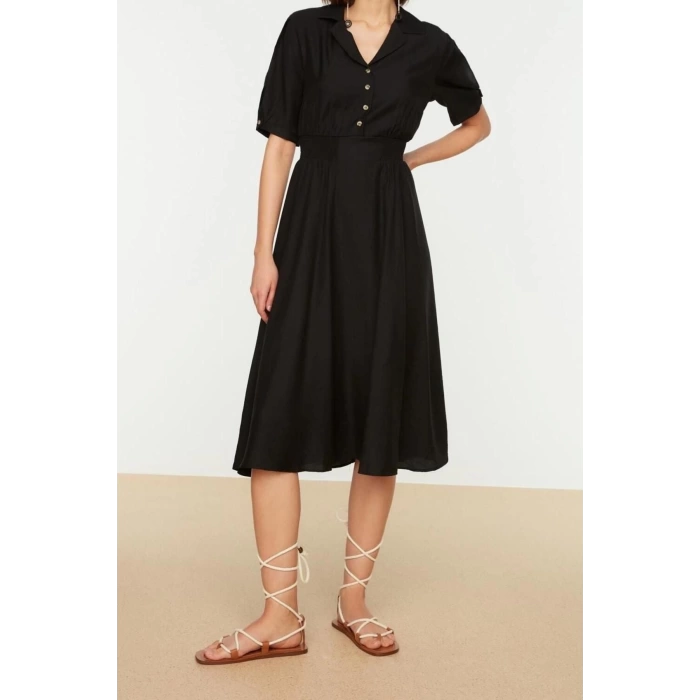 Fashion Regular Casual Daily Aerobin Woven Shirt Collar Short Sleeve Skater Midi Length Dress