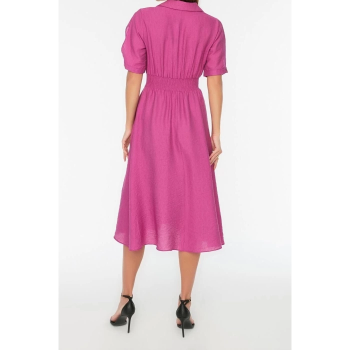 Fashion Regular Casual Daily Aerobin Woven Shirt Collar Short Sleeve Skater Midi Length Dress