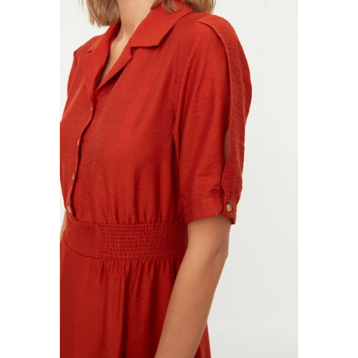 Fashion Regular Casual Daily Aerobin Woven Shirt Collar Short Sleeve Skater Midi Length Dress