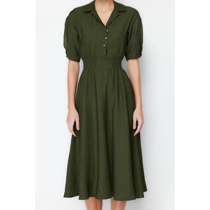 Fashion Regular Casual Daily Aerobin Woven Shirt Collar Short Sleeve Skater Midi Length Dress