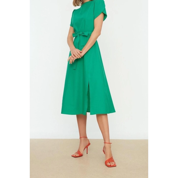 Moda Regular Business Poplin Woven Stand Collar Short Sleeve A-Line Midi Length Dress