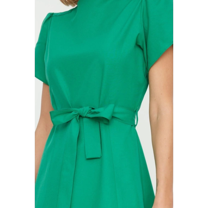 Moda Regular Business Poplin Woven Stand Collar Short Sleeve A-Line Midi Length Dress