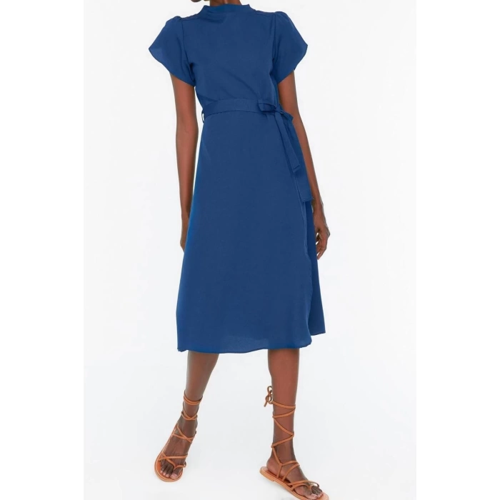 Moda Regular Business Poplin Woven Stand Collar Short Sleeve A-Line Midi Length Dress