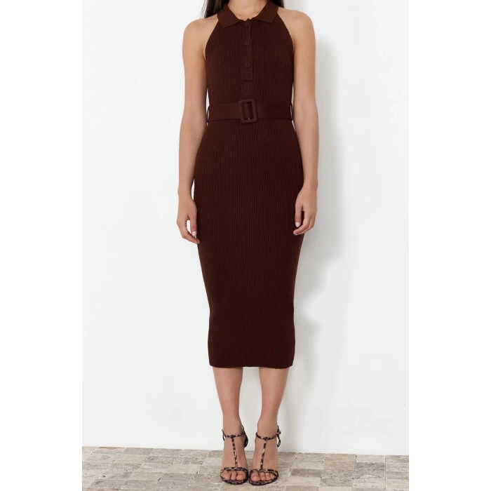 Fashion Slim Casual Daily Double Plate Knitwear Polo Collar Sleeveless Sleeve Bodycone Midi Length Dress