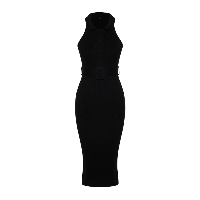 Fashion Slim Casual Daily Double Plate Knitwear Polo Collar Sleeveless Sleeve Bodycone Midi Length Dress