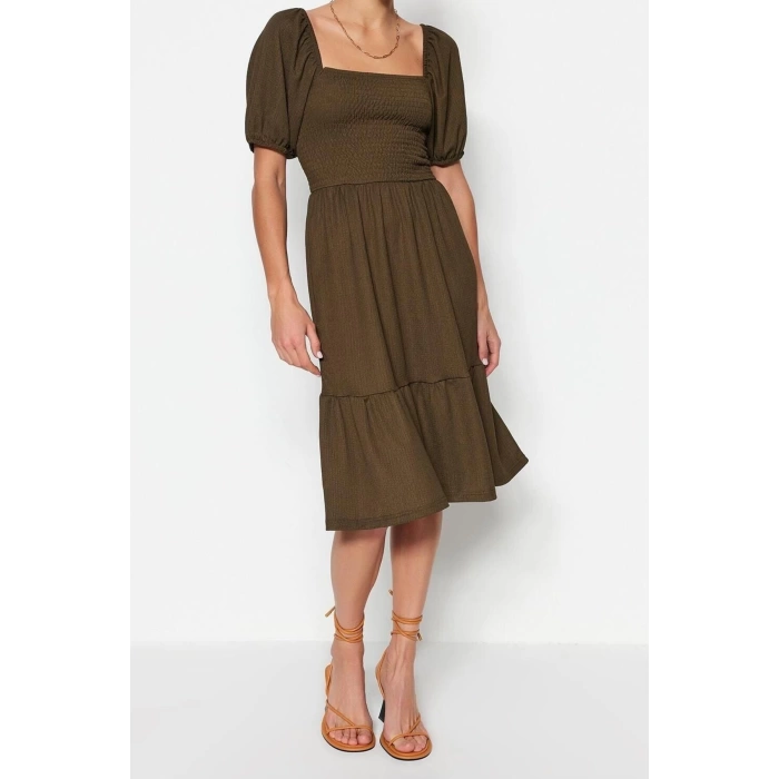Fashion Regular Casual Daily Crepe Knit Square Neck Short Sleeve Frilled Skirt Midi Length Dress