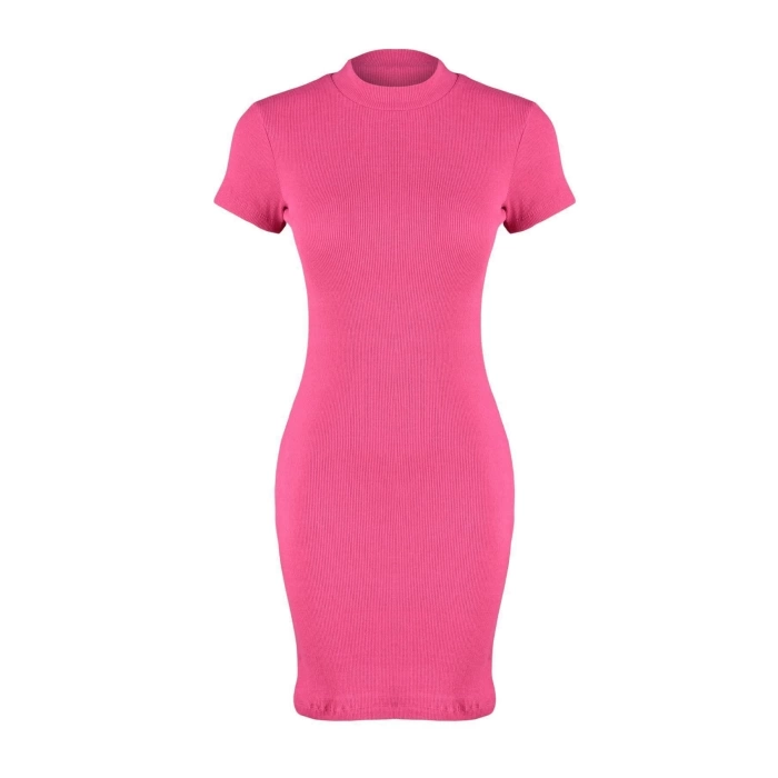 Moda Slim Casual Günlük Rejenere Kaşkorse Örme Bisiklet Yaka Kısa Kol Bodycone Mini Boy Elbise