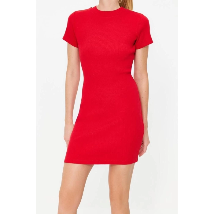 Moda Slim Casual Günlük Rejenere Kaşkorse Örme Bisiklet Yaka Kısa Kol Bodycone Mini Boy Elbise