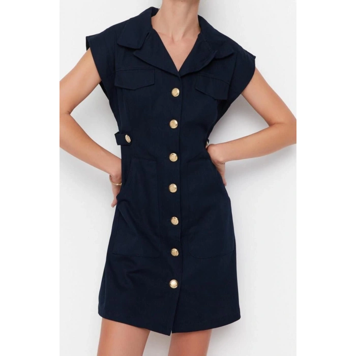 Moda Regular Gündüz Gece Gabardin Dokuma Ceket Yaka Kısa Kol Ceket Elbise Mini Boy Elbise