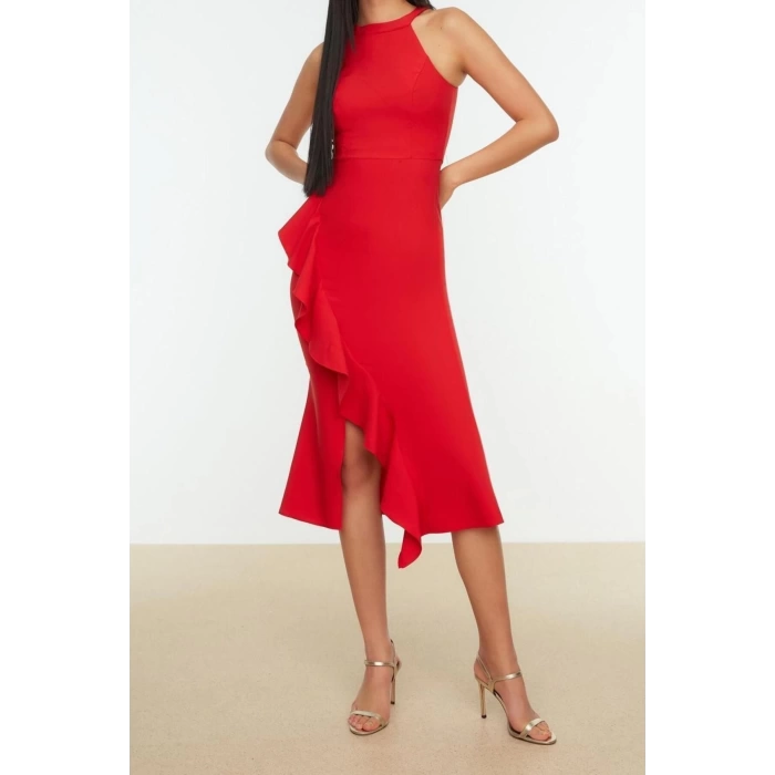 Fashion Fit Graduation Prom Finike Woven Halter Neck Sleeveless Wrap Midi Length Dress